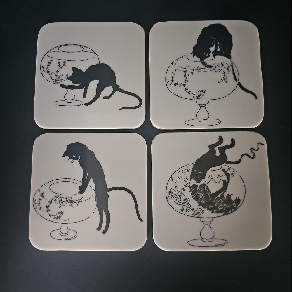 4 Square Coasters Cat And Goldfish By Theophile Steinlen Art Nouveau